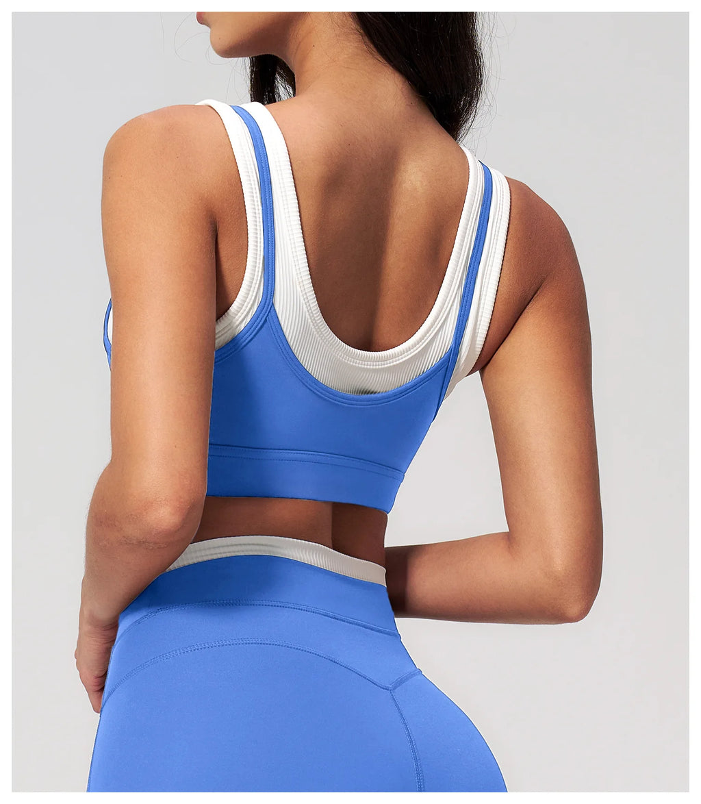 Custom LOGO Women's Naked Fake Two-piece Sports Vest Threaded Contrast Yoga Bra Running Fitness Clothing Top