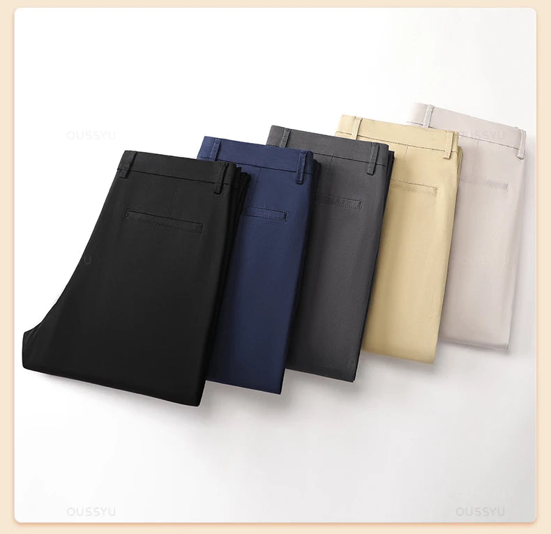 High Quality 97% Cotton Men's Straight Pants Business Solid Color Khaki Light gray Casual Formal Suit Trousers Plus Size 40 42