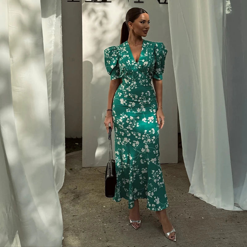 Slim Printed Waist-cinching Fishtail Dress 2026 Summer New Ladies Sexy V-neck Short Sleeve Split Long Robes Women's Party Gowns