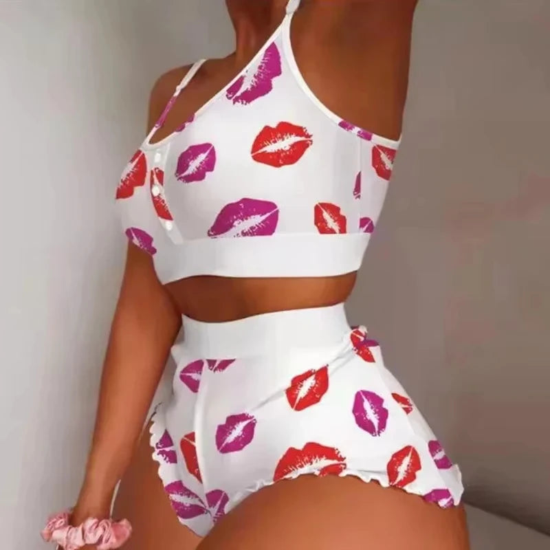 2025 New Women Sleepwear Lips Butterfly Print Home Suspended Pajamas Set Vest Bra Top Short Nightwear Lingerie Women's Nightgown