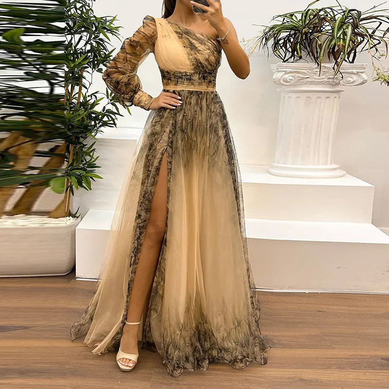 One Off Shoulder Fashion Simple Maxi Dress, Women Spring Autumn Skew Collar Chic Party Dress, Long Sleeve Patchwork Ladies Dress