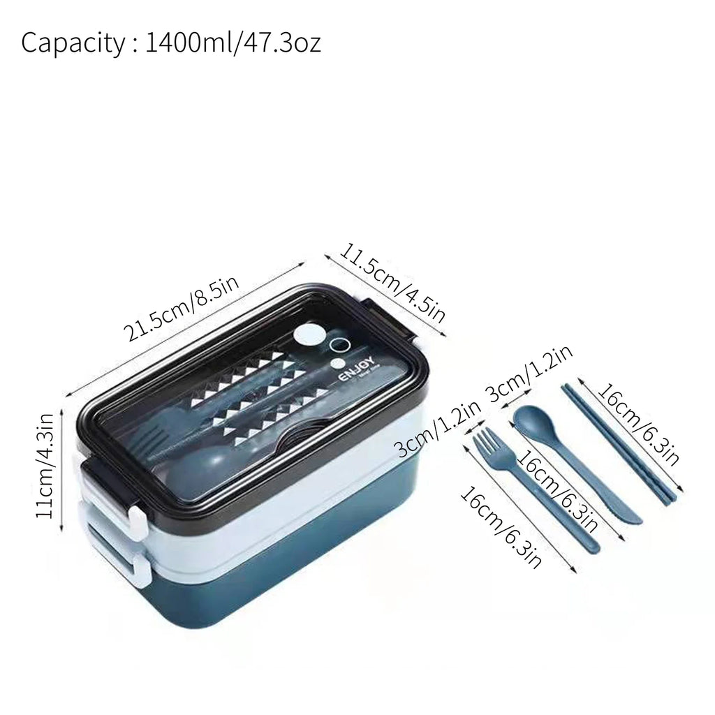 1Pc 1400ml Double-Layer Lunch Box, Portable Compartment Food Container, Microwave Safe with Fork, Chopsticks & Spoon for Picnic