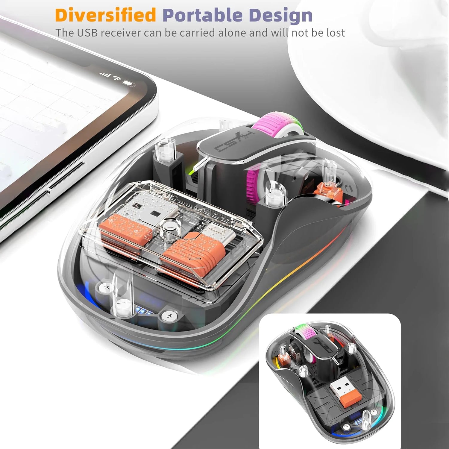 New HXSJ M333 Transparent Mouse Wireless Three-mode Magnetic Suction Mute Rechargeable Mouse For Tablet PC Notebook