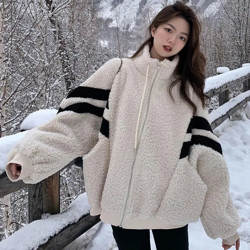 Women Causal Color Block Fleece Jacket Drawstring Zip Up Loose Contrast Striped Warm Winter Coat for Daily