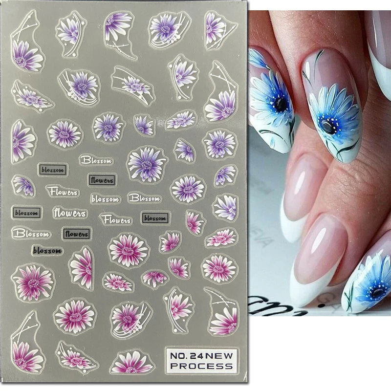 3d Nail Art Ultrathin Decals Blue Pink Blossom Florals Flowers Leaves Nail Stickers Decoration For Nail Tips Beauty