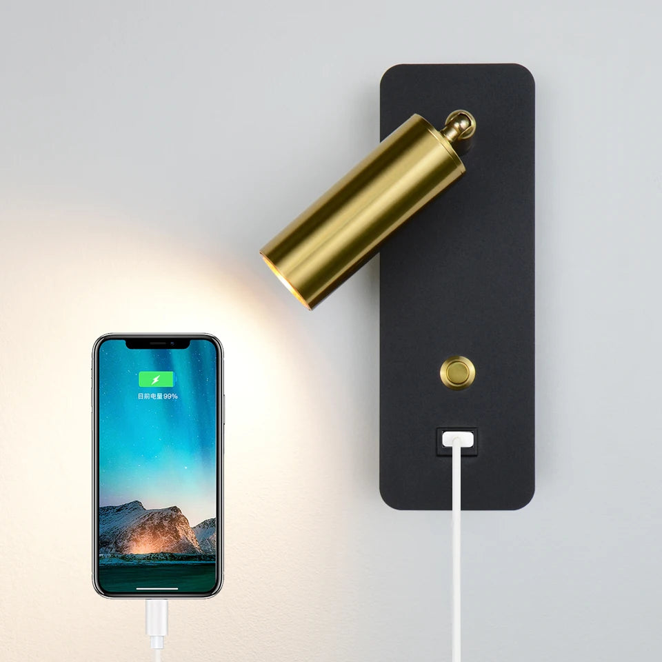 Indoor LED Wall Lamp 7W with USB Charge Wall Lamp Bedroom Living Room Nordic Modern Wall Light Aisle with Switch Wall Sconce