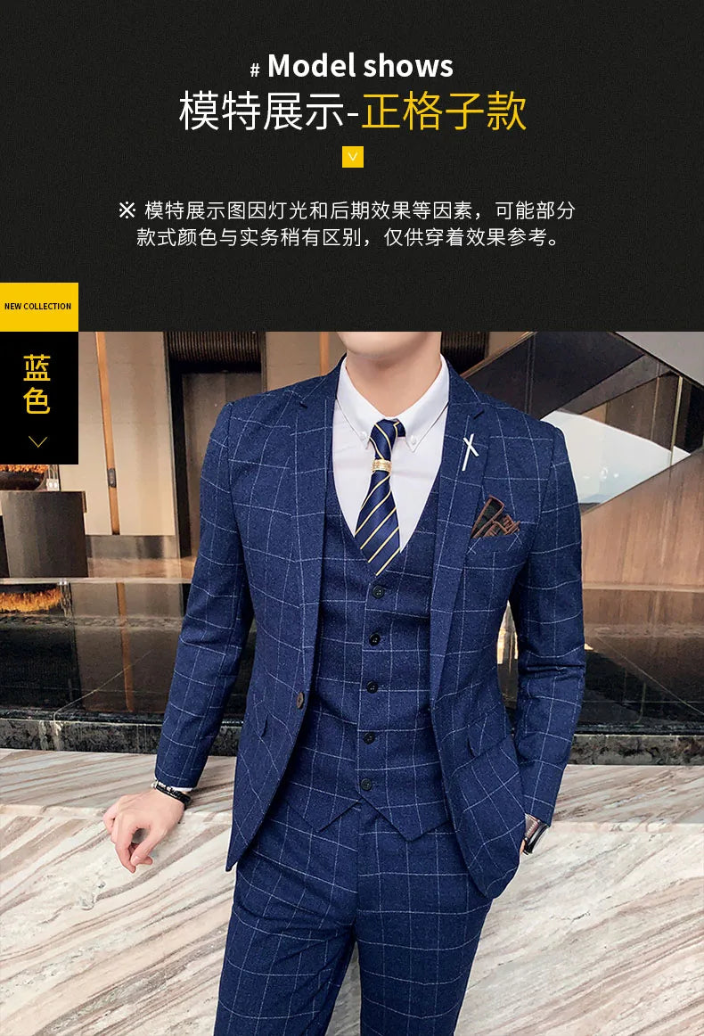 S-7XL ( Blazer + Vest + Pants ) Striped Plaid Solid Color Mens Formal Business Suit 3Pcs Set Groom Wedding Social Show Dress