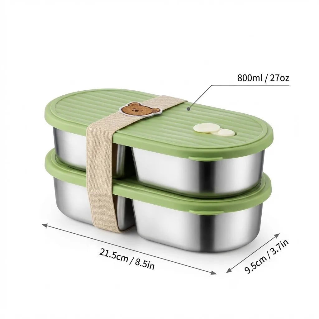 Microwaveable 304 Stainless Steel Bento Box Oval Divided Lunch Box 2 Grids Food Storage Container For Kids Students School