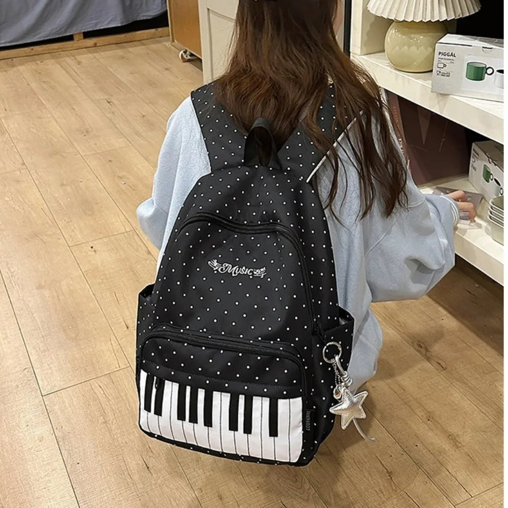 New Large Capacity Polka Dot Backpack Lightweight Multifunctional Piano Key Backpack Black Piano Mochilas for Women