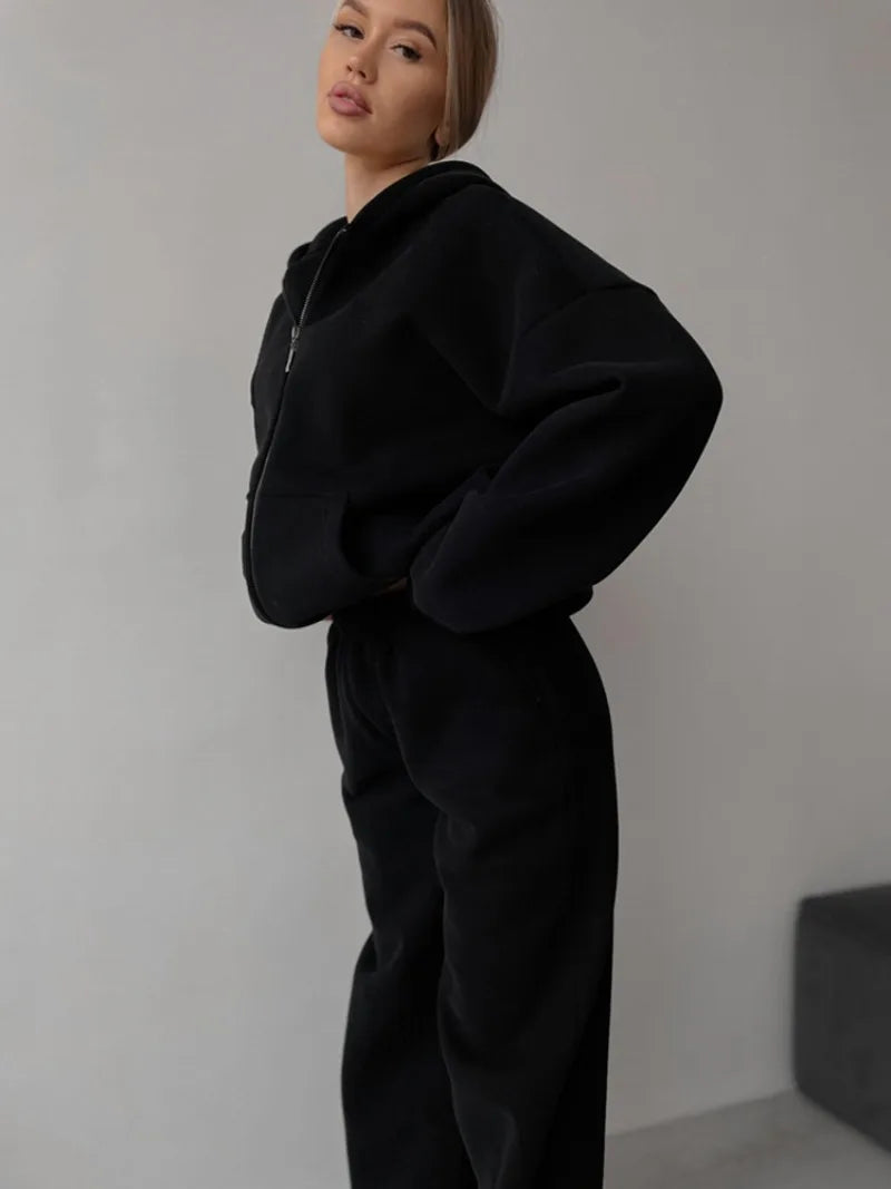Women's Casual Suit Solid Color Long Sleeve Hooded Cardigan Pocket Sweater Elastic Pants Two-piece Set