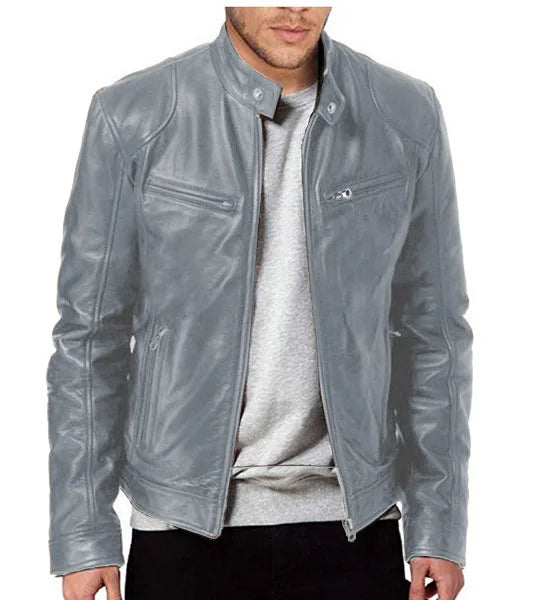 Winter Stand Collar Zip-Up Pocket PU Leather Jacket Men's Slim Business Casual
