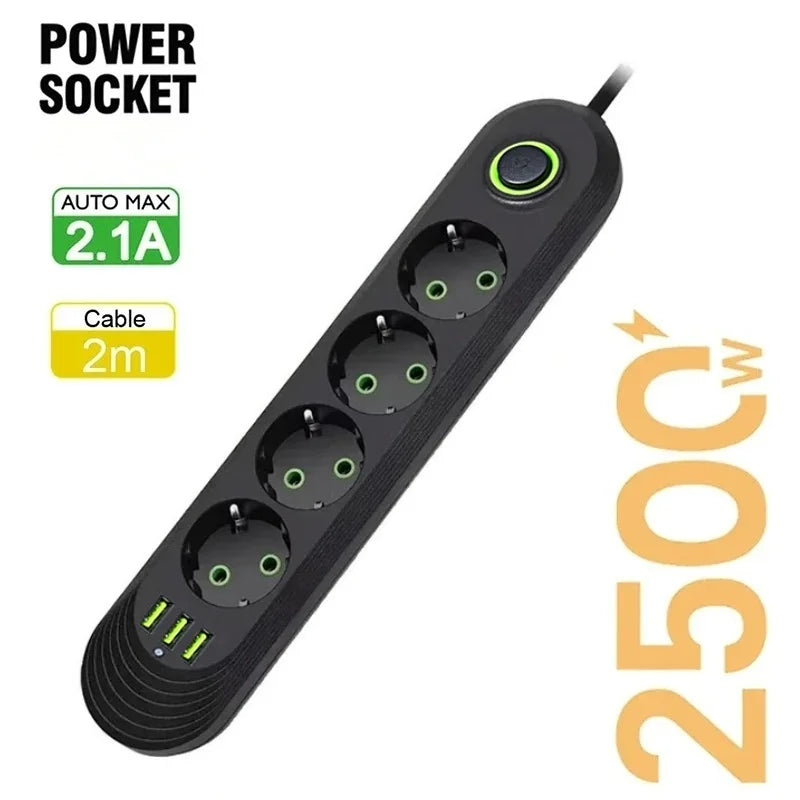 EU Plug AC Outlet 2500W Multiports Power Strip AC Outlet with 3USB Port 2m Extension Cable Round Pin Electrical Charger Adapter