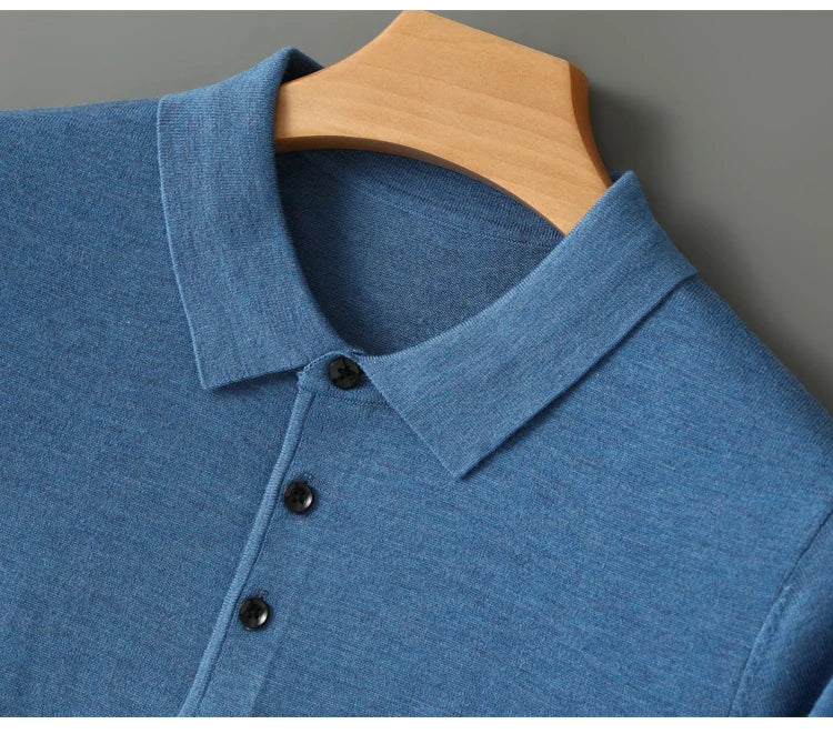 Men's Worsted Wool Kknit Pullover, Business Casual Polo Neck Sweater, Monochromatic Loose Top, Autumn and Winter Fashion, New