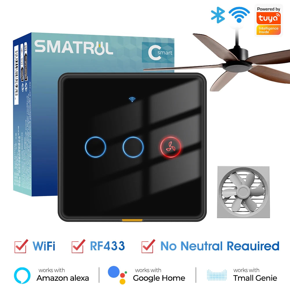 No Neutral Wire Tuya Smart WiFi RF433 Fan Ceiling Light Switch Timer Wall Glass Touch Switch Backlight Timing Control Voice