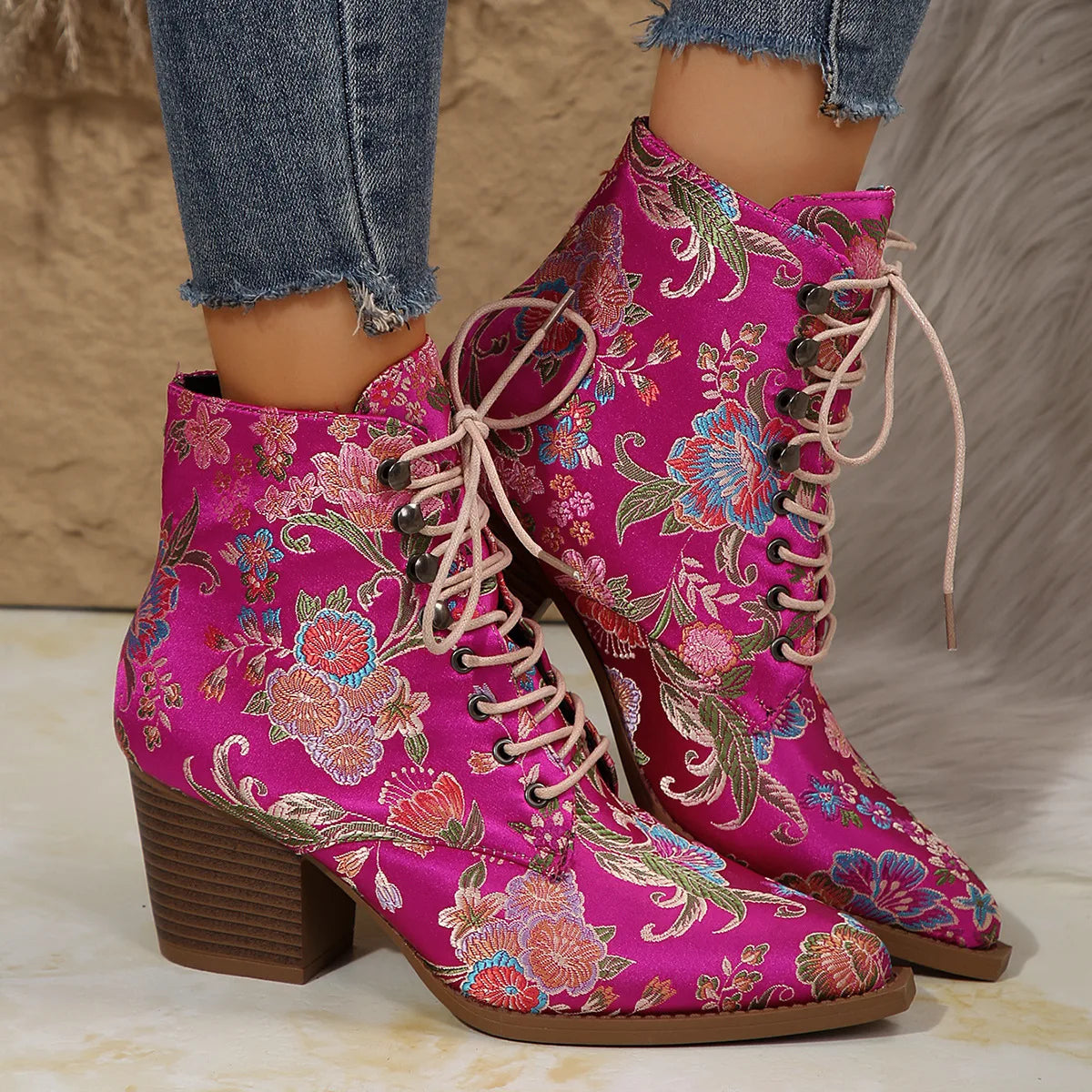 Ethnic Pointed-Toe Ankle Boots for Women Embroidered Platform Heels Fashion Spring Winter Ladies Shoes Botas