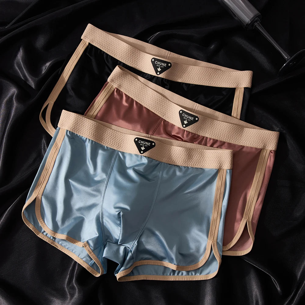3PCS/Pack Luxury Ice Silk Satin-like Men's Underpants Double-layer Silk Crotch Panties Hygroscopic Breathable Underwear for Man