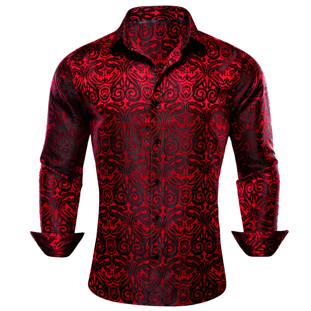 Barry.Wang Luxury Silk Mens Shirts Jacquard Floral Long Sleeve Formal Casual Breathable Male Blouses Wedding Business Prom Gift