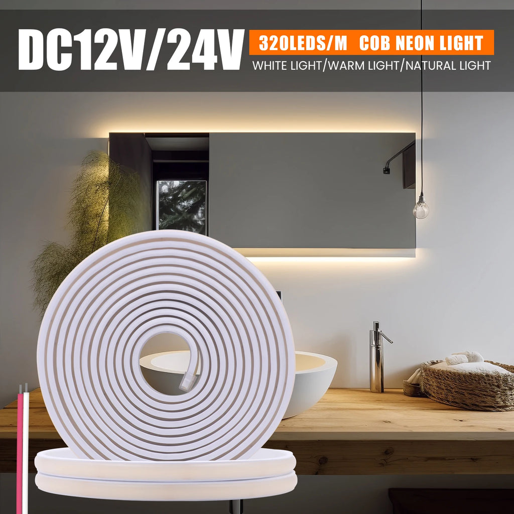Waterproof COB Neon Led Strip Light 12V 24V 320LEDs/m Linear Lighting IP67 Flexible Ribbon RA90 High Density Home Garden Decor