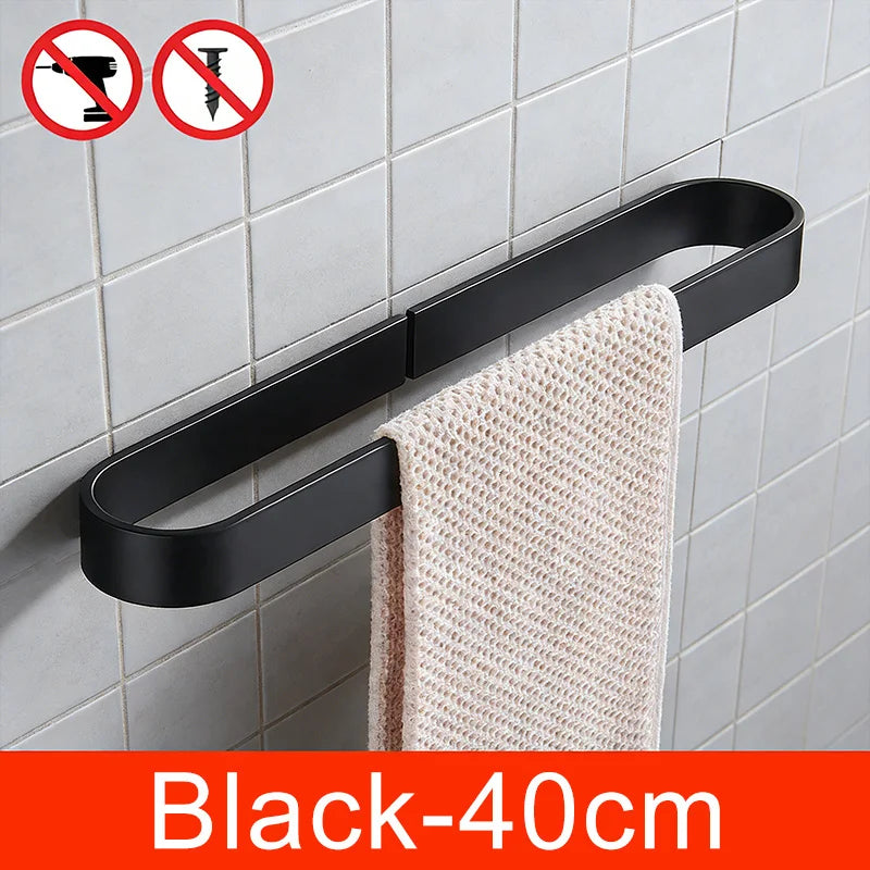 Self-adhesive Black Bath Towel Holder Bathroom Towel Rack No Punch Towel Rail Rack Towel Holder Bath Storage Shelf ML65B