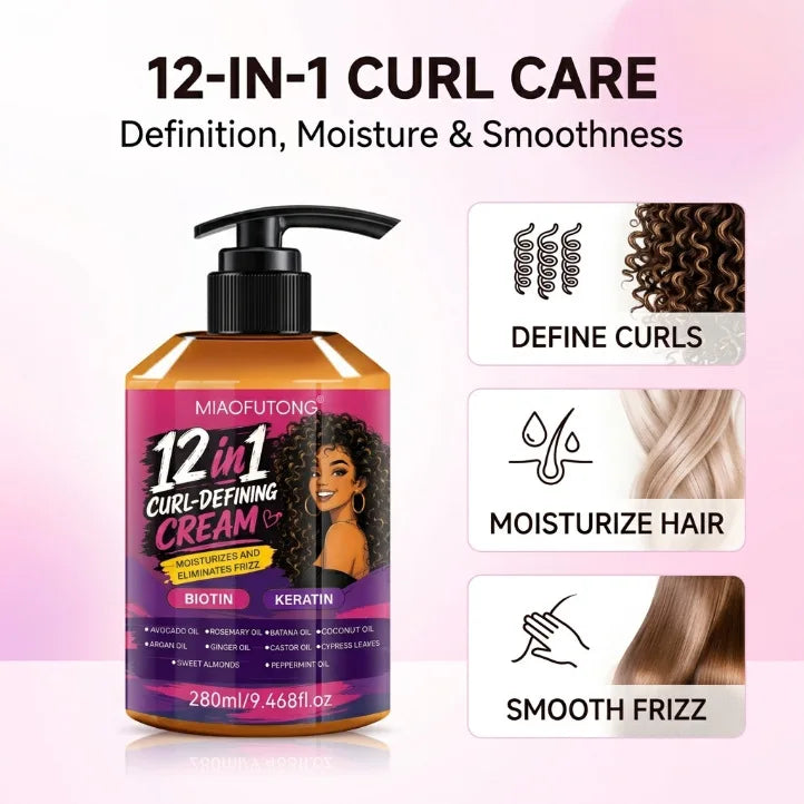 12‑in‑1 Curl Defining Hair Cream 280ml Biotin & Keratin Infused Deep Moisturize Reduce Frizz Define Curls For Natural Curly Hair