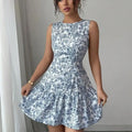 Spring/Summer Boho And French-Style Blue And White Floral Dress, Sleeveless With A Round Neckline