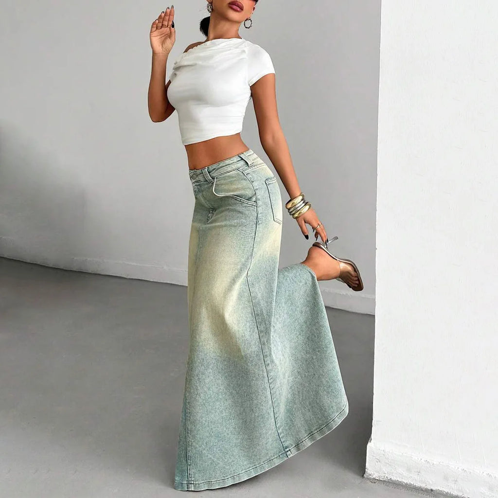 Denim Old Floor-length Slit Skirt for Women, Low Waist, Slimming, Fashionable and Trendy, Versatile for Everyday Use