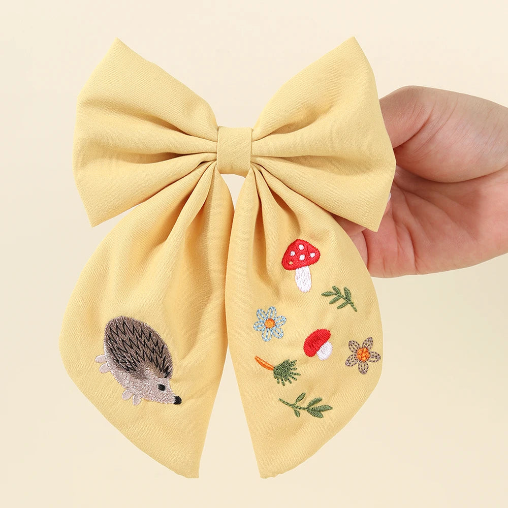 Cartoon Hedgehog Bow Hair Clip For Girls Elegant Handmade Flower Fox Embroidery Hairpins  New Trendy Headwear Hair Accessories