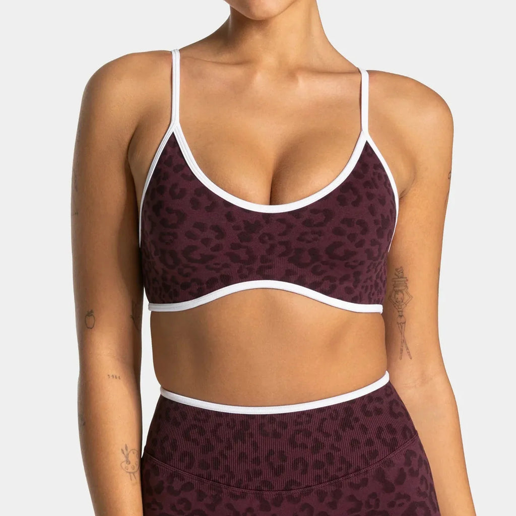 NO LOGO Women leopard print yoga fitness suit, contrasting edge sports bra high waisted leggings running cycling headband