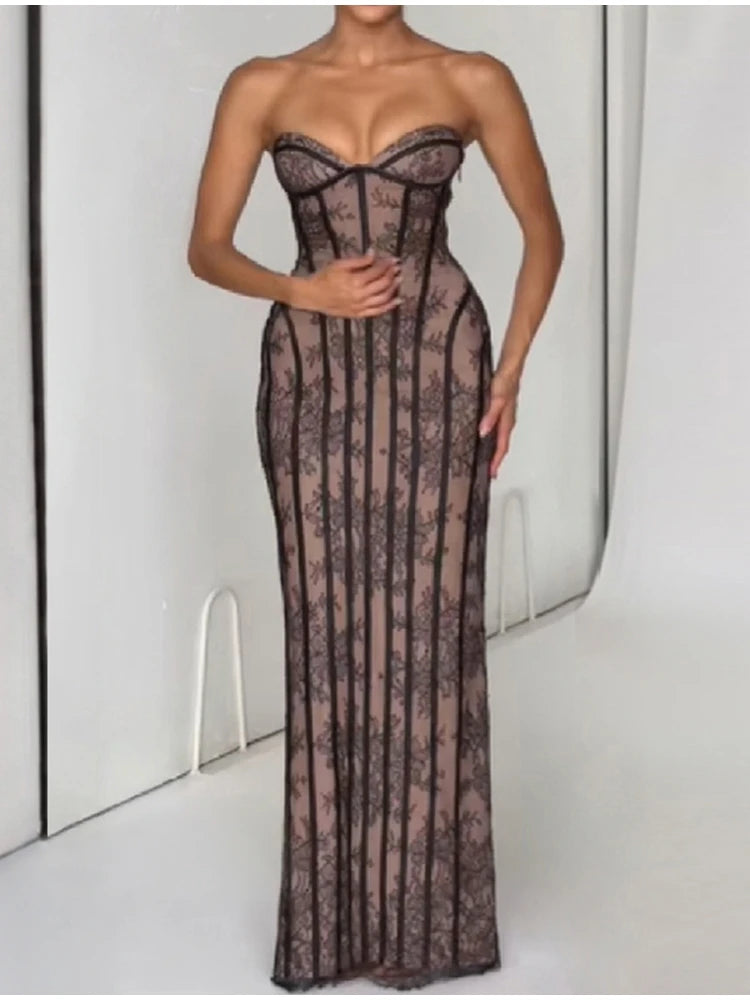 Chic Bold Strapless Gown Sexy Retro Lace Corset Women's Dresses Spicy Girls Parties Trendy Romantic Designers Female Outfits