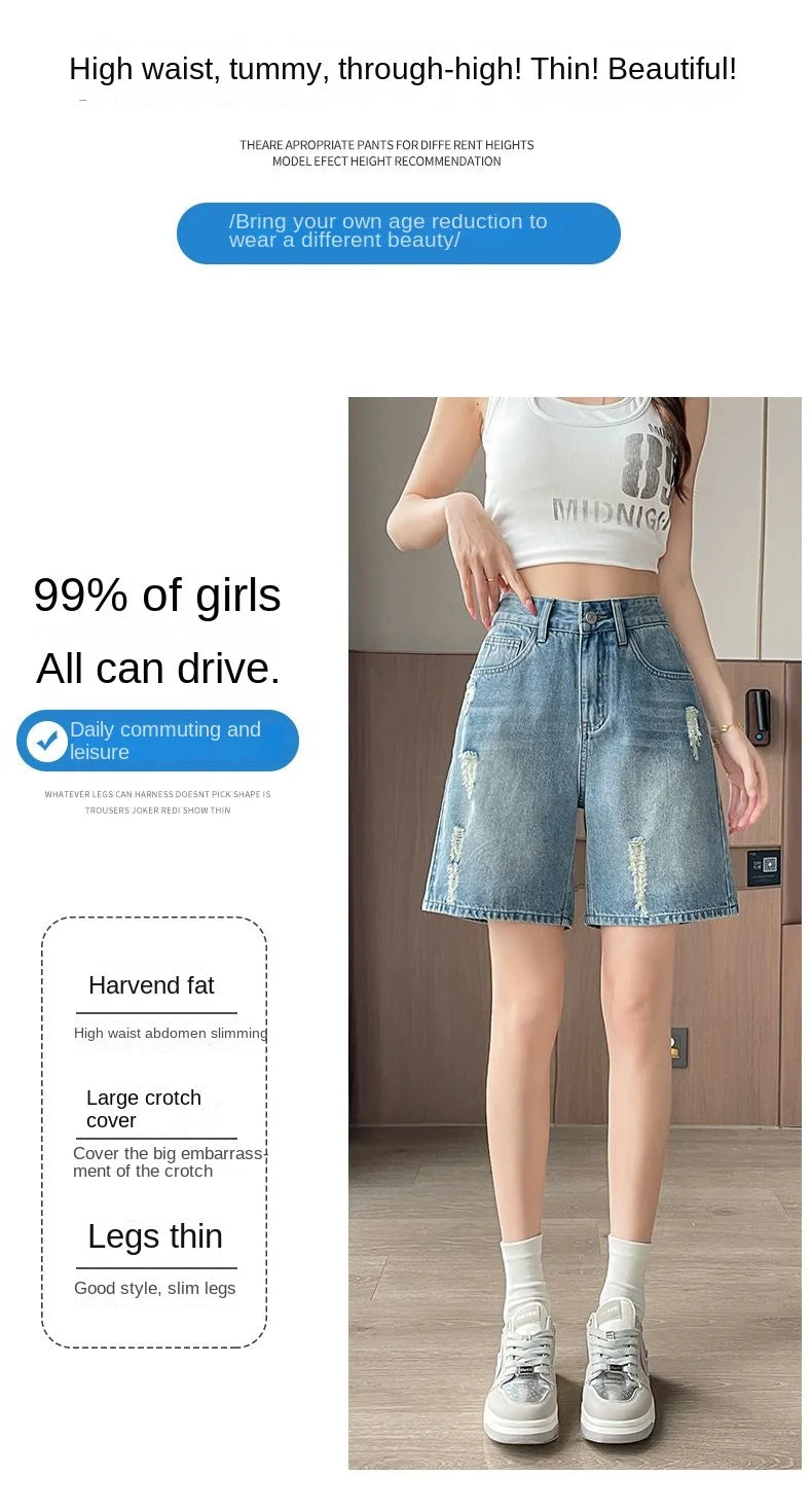 2026 Summer New Women Vintage Washed Ripped Denim Bermuda Shorts Loose Straight Five Points Casual Street Jeans