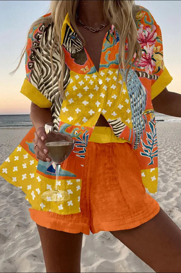 Fashion Print Beach Holiday 2-Piece Set Women Summer Short Sleeve Shirt Top + Wide Legs Short Women's Oversized Two-Piece Outfit