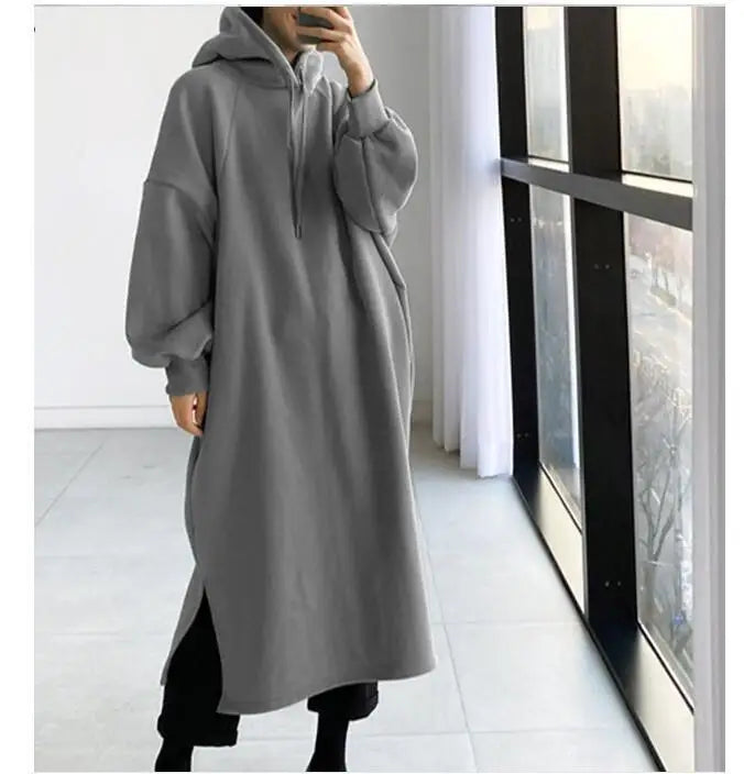 Thicken Autumn Winter Women Oversized Hoodie Long Dress Solid Fashion Long Sleeve Female Clothing Split Casual Loose New Dresses
