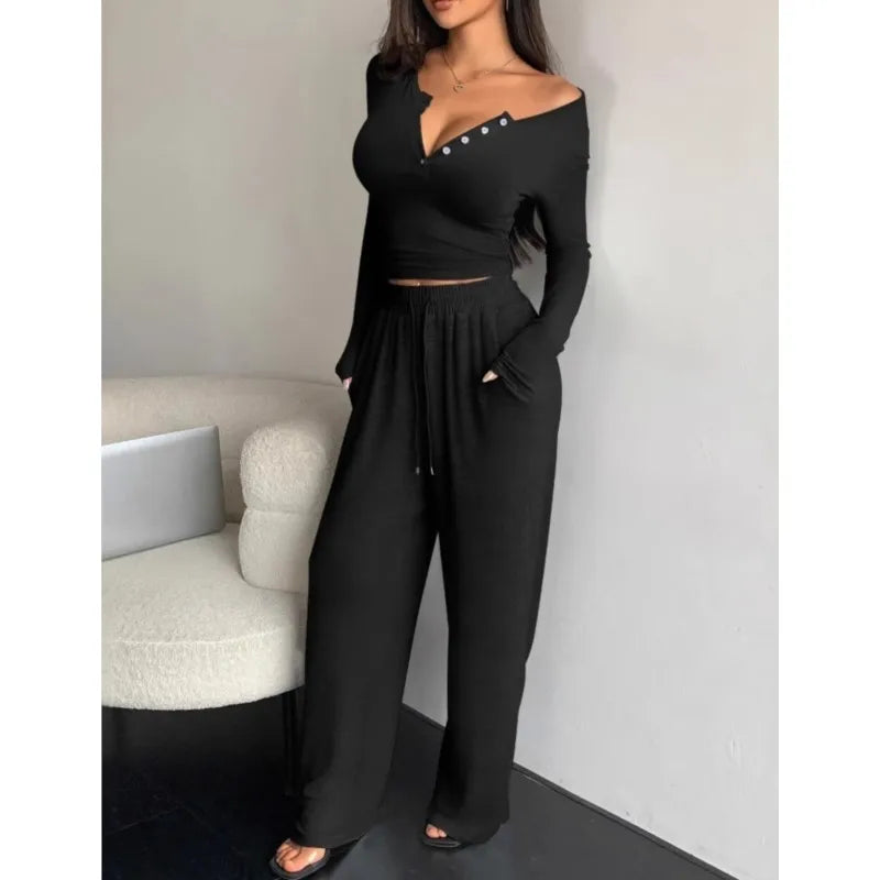 Spring Autumn Women Two-piece Suit Casual Slim Long Sleeve Tracksuit Suit Button Solid Tights And Trousers 2-piece Set Clothing