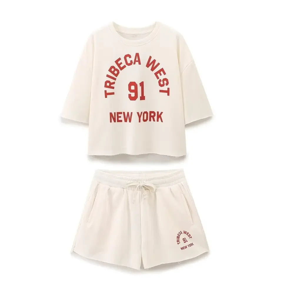 Plush Ensemble Femme 2 Piece COTTON Short Sets for Women Two Colors Text Print O-neck Sweatshirts + Mid Elastic Waistband Shorts