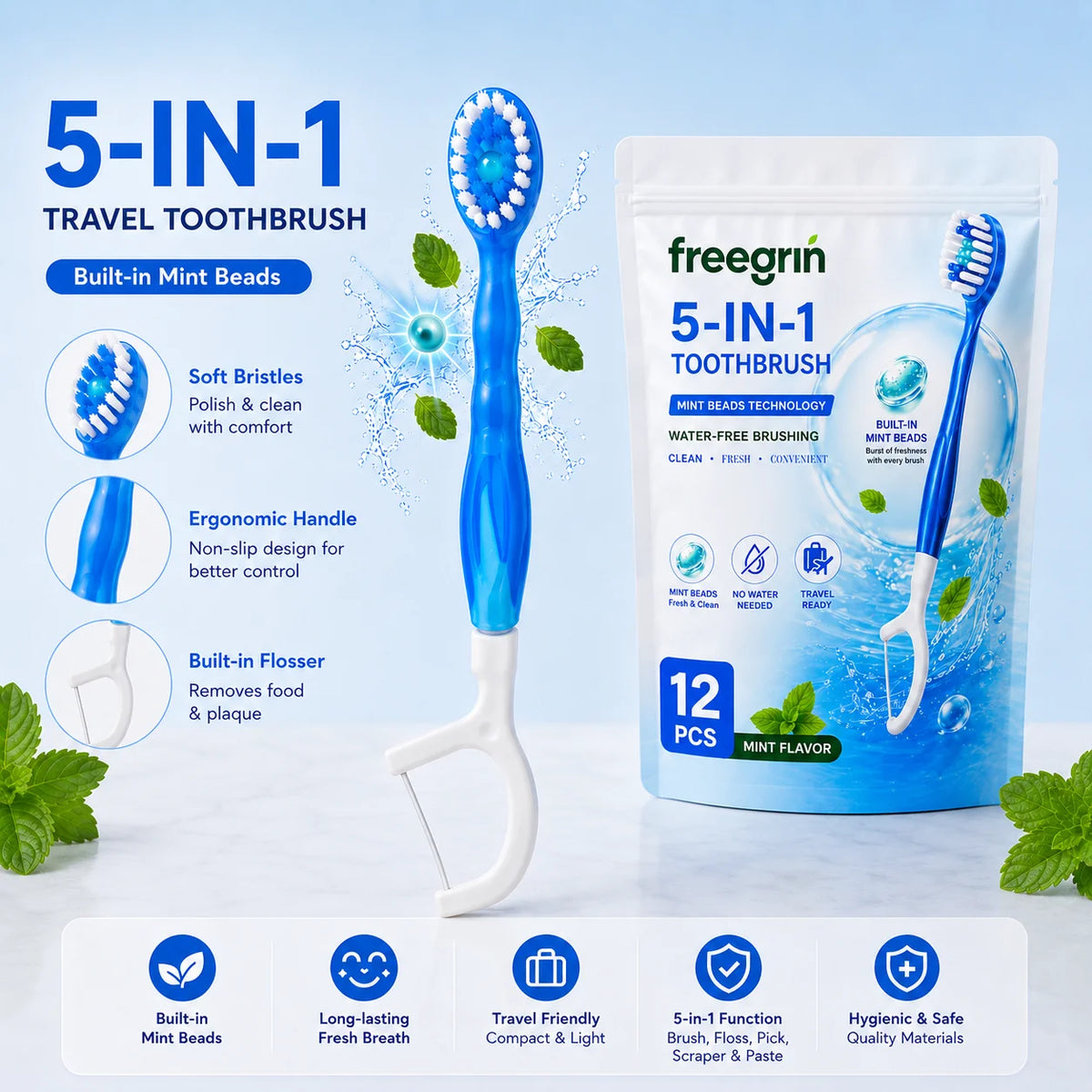 5-in-1 Disposable Travel Toothbrush 12Pcs Mint,Individually Wrapped Soft Brush with Toothpaste Floss Pick Tongue Scraper