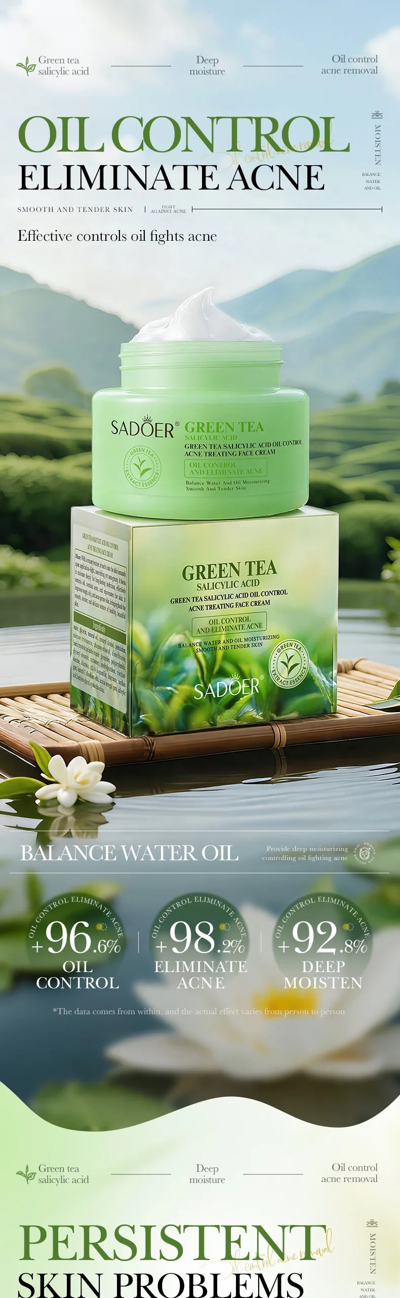 SADOER Green Tea Salicylic Acid Face Cream - Oil Control, Anti Acne, Water-Oil Balance & Deep Moisturizing for Smooth Skin