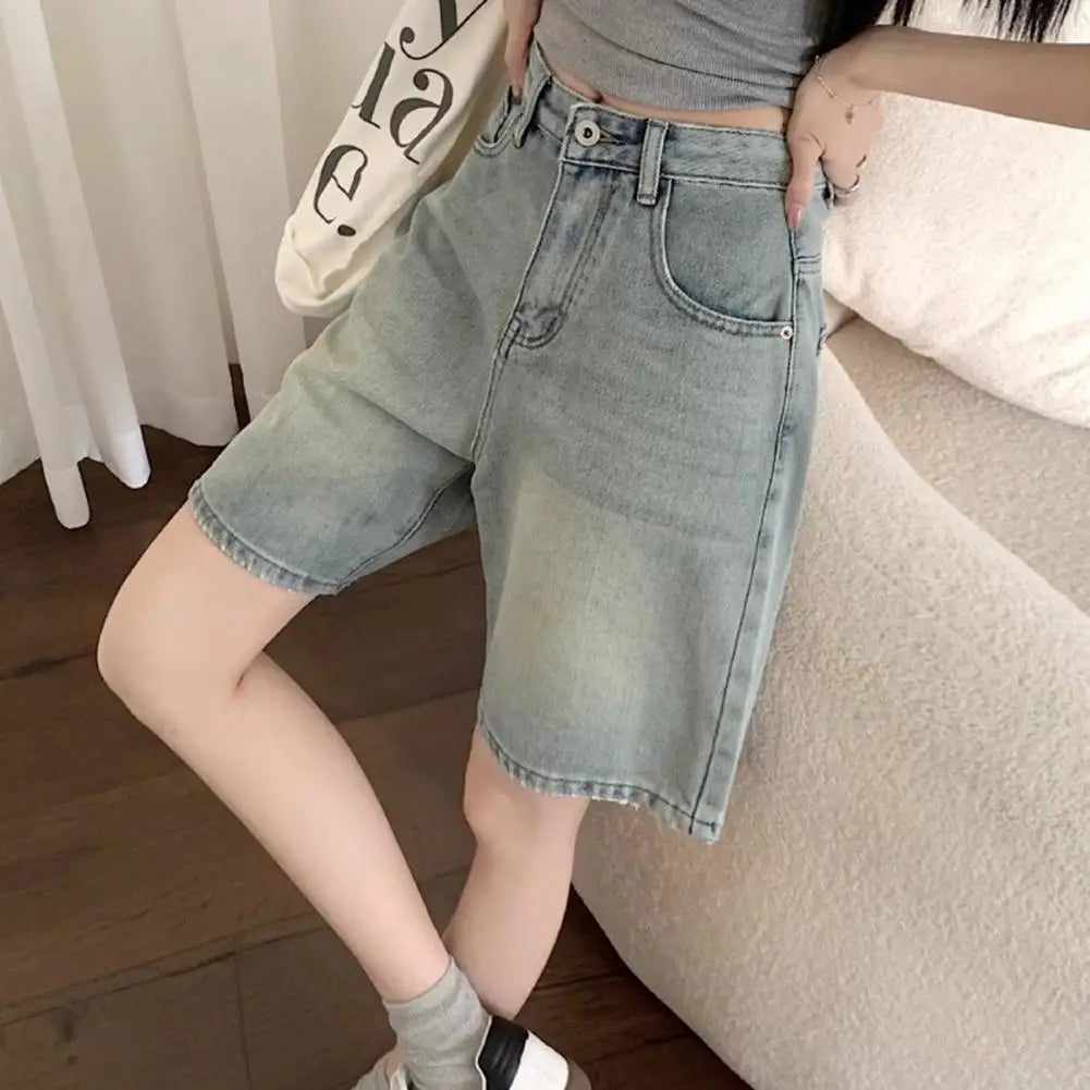 Retro Style Women Denim Shorts High Waist Vintage Washed Straight Wide Leg Button Zipper Knee Length Jeans Shorts Summer
