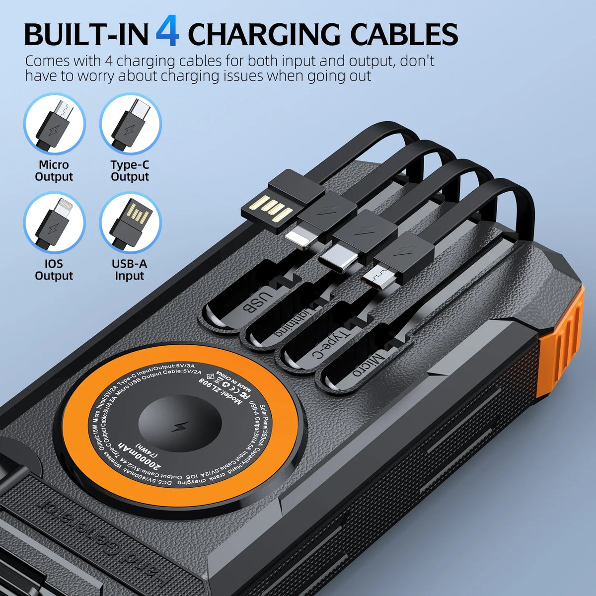 100000mAh Solar Power Bank Fast Wireless Charger Built-in Cable Hand Crank Portable External Battery Poverbank for iPhone