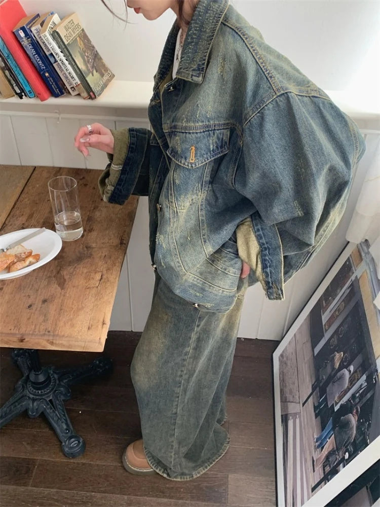 Vintage Washed Denim For Women Loose Fit Street Style Casual Biker With Retro Spring Autumn Layering Outerwear