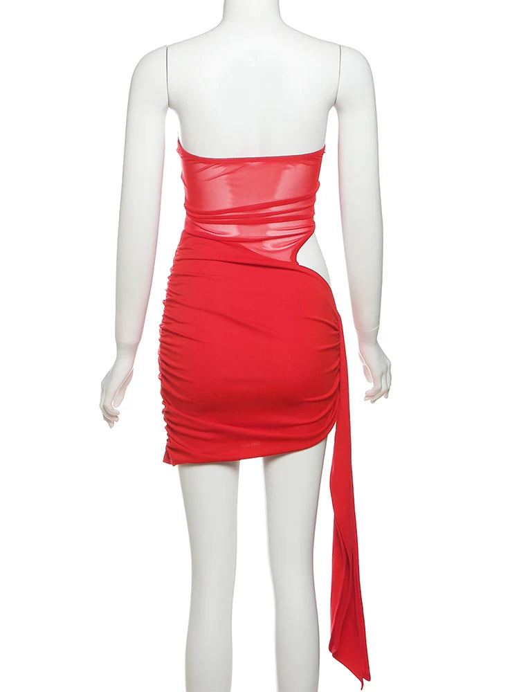 Sisterlinda Sexy Hollow Dress Women See Through Sleeveless Backless Ribbon Ruched  Coquette Midnight Party Club Stretch Bodycon