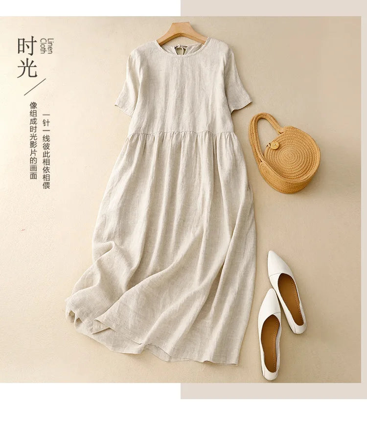 Summer Cotton Linen Blended Thin And Breathable Dress Women Literary Big Swing Short Sleeve Solid Loose Casual Female Dresses