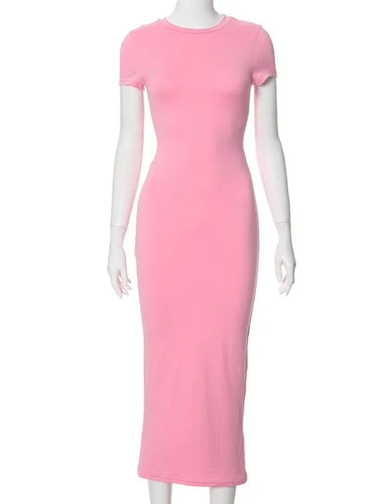 2026 Summer New Chic Slim Chic Short Sleeve Dress for Women O Neck Long Dresses Office Lady Casual Solid Color Dresses Robe