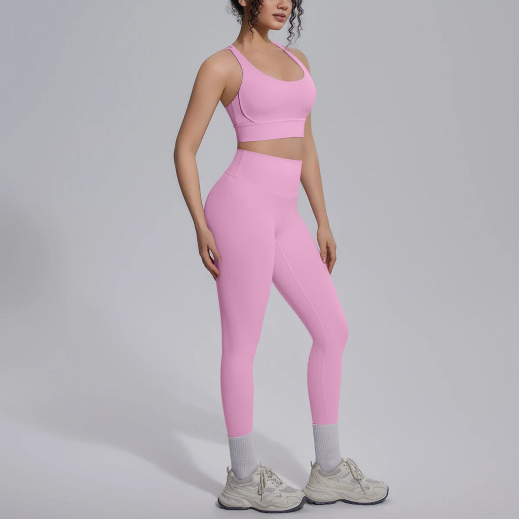 2PCS Yoga Set Summer Gym Sports Running Yoga Clothing Solid Color Cross Bra Workout Top High Waisted Quick Drying Fitness Pants