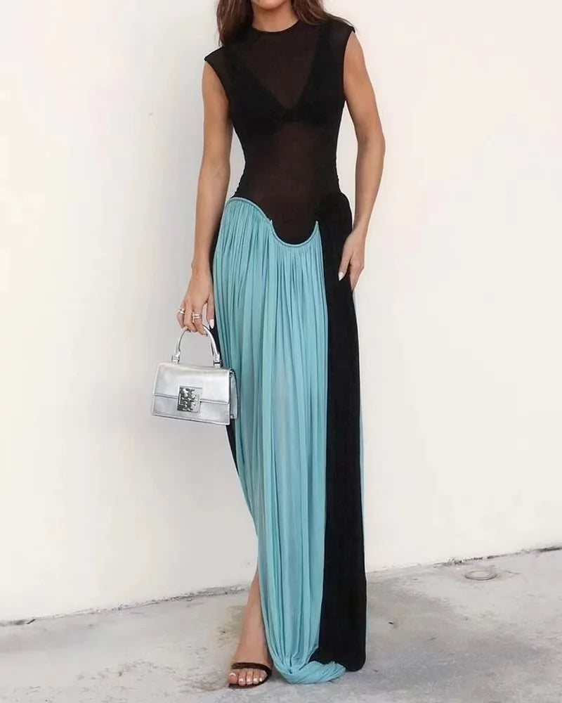 DSMTRC Women Vacation Clothing Vestidos Elegantes Para Mujeres Black Mesh Sheer Patchwork Blue Long Luxury Dress For Summer