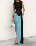 DSMTRC Women Vacation Clothing Vestidos Elegantes Para Mujeres Black Mesh Sheer Patchwork Blue Long Luxury Dress For Summer