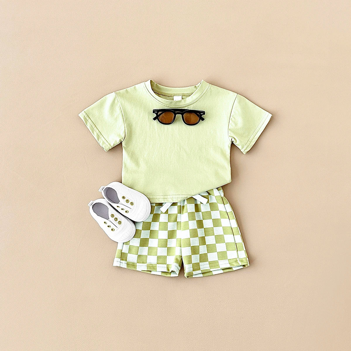 2PCS Kids Clothes Baby Boys Girls Solid Color Short Sleeve T-shirt Plaid Pattern Shorts Sets Baby Clothing Sets 0-3Y