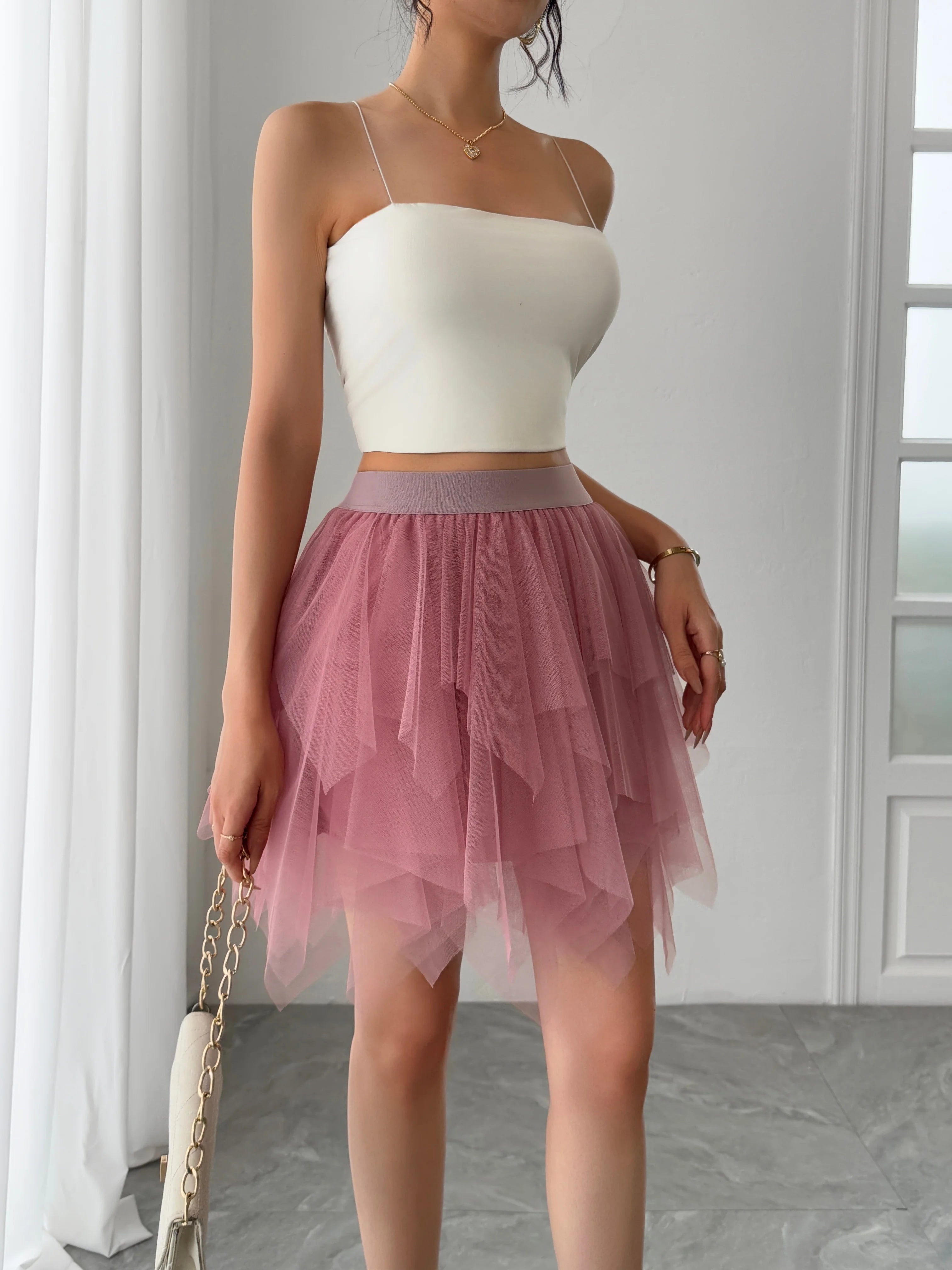 Women's mid waist chiffon mini skirt summer casual asymmetrical hem layered ruffle A-line skirt holiday sweet fairy skirt