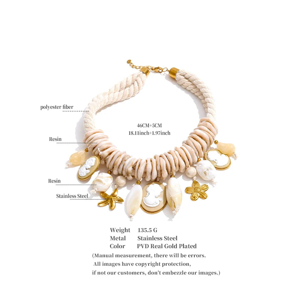 Yhpup 2026 Handmade Jewelry Rope Braided Resin Chain Portrait Flower Drop Charm Statement Necklace Exclusive Accessories