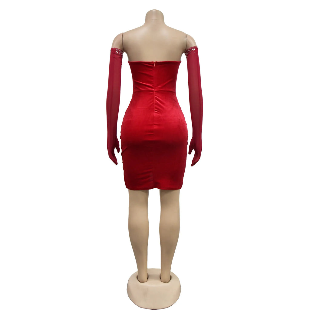 Women Diamonds Hot Rhinestones Velvet Ruched Side Split Bodycon Midi Dress with Cuff 2026 Sexy Party Dresses Vestidos