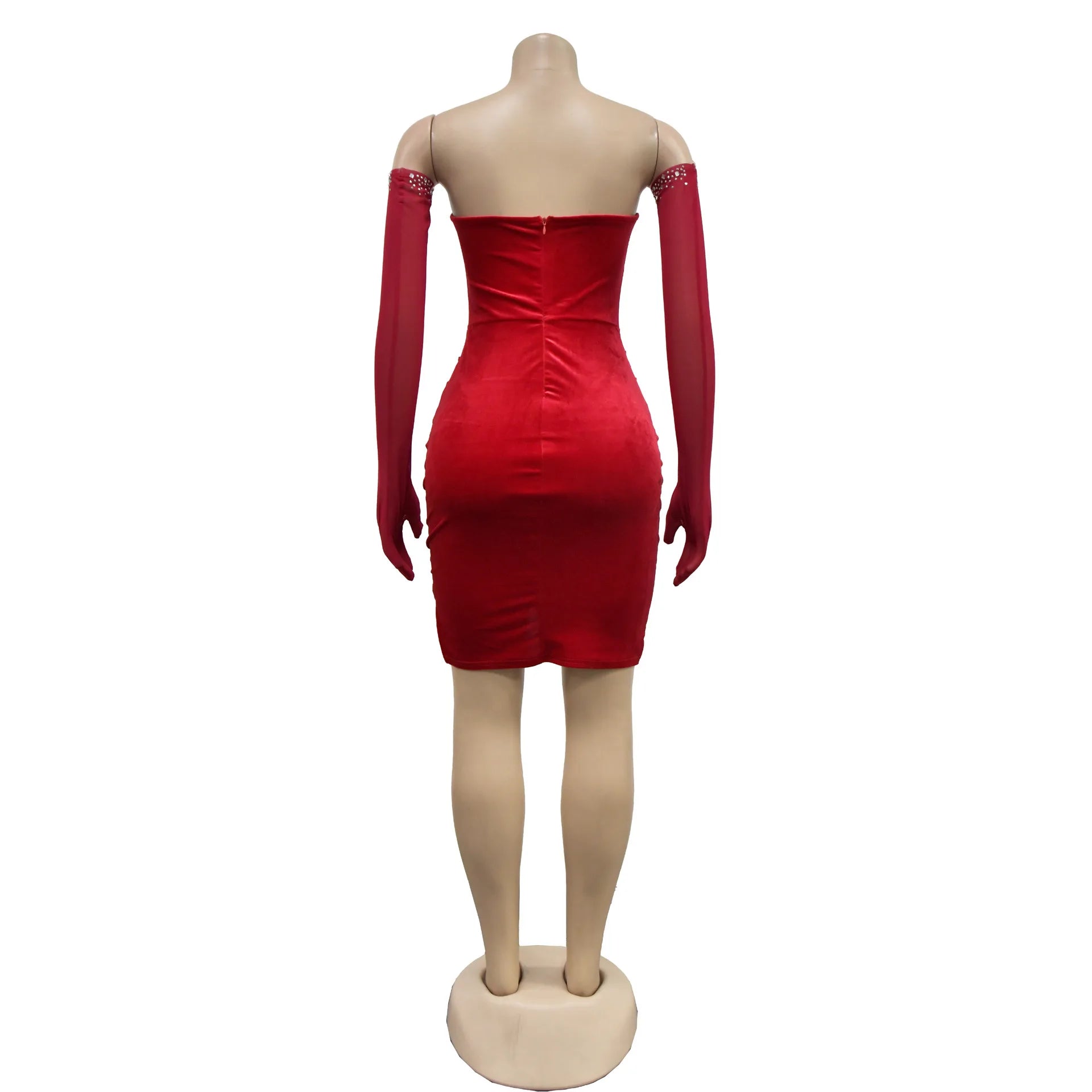Women Diamonds Hot Rhinestones Velvet Ruched Side Split Bodycon Midi Dress with Cuff 2026 Sexy Party Dresses Vestidos